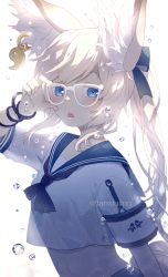 Rule 34 | 1girl, animal ears, blue eyes, bubble, glasses, kumashige, looking at viewer, navel, open mouth, original, sailor collar, school uniform, twintails, underwater, upper body, water, white hair