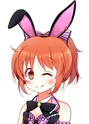 Rule 34 | 10s, 1girl, abe nana, absurdres, animal ears, bad id, bad pixiv id, blush, breasts, brown eyes, chibi, cleavage, deyui, fake animal ears, heart, highres, idolmaster, idolmaster cinderella girls, large breasts, looking at viewer, one eye closed, rabbit ears, short hair, short ponytail, smile, solo, tongue, tongue out, upper body