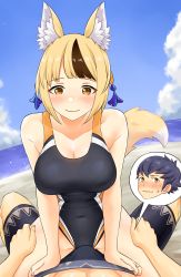 Rule 34 | 1boy, 1girl, absurdres, alternate breast size, alternate costume, animal ear fluff, animal ears, beach, black male swimwear, black one-piece swimsuit, black swim trunks, blonde hair, blue hair, blush, breasts, bulge, cloud, commission, commissioner upload, competition swimsuit, embarrassed, erection, erection under clothes, fire emblem, fire emblem fates, fox ears, fox tail, girl on top, grinding over clothes, hair ornament, hands on another&#039;s thighs, highres, igni tion, jewelry, kiragi (fire emblem), looking away, looking down, lying, male swimwear, multicolored hair, nintendo, on back, one-piece swimsuit, pov, ring, selkie (fire emblem), straddling, swim trunks, swimsuit, tail, teasing, wedding ring