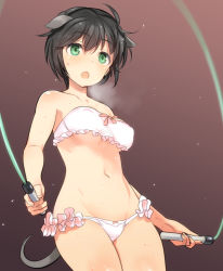 Rule 34 | 1girl, bare shoulders, black hair, blush, bow, bra, breasts, breath, covered erect nipples, frills, green eyes, heavy breathing, holding, jump rope, looking at viewer, luciana mazzei, medium breasts, navel, open mouth, paid reward available, panties, revision, shimada fumikane, short hair, sketch, solo, strike witches, sweat, tail, underboob, underwear, underwear only, white bra, white panties, world witches series