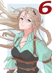 Rule 34 | 1girl, blonde hair, blue background, border, braid, breasts, countdown, crown braid, double-parted bangs, eiyuu densetsu, elaine auclair, floating hair, green eyes, hair between eyes, highres, jewelry, kai no kiseki, kuro no kiseki (series), large breasts, long hair, looking at viewer, pendant, runrui kaku, simple background, single braid, smile, solo, twitter username, two-tone background, white border