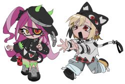Rule 34 | 2girls, absurdres, animal hat, arm at side, black headwear, blonde hair, cat hat, chibi, collar, demon tail, eyepatch, fake horns, hat, highres, horned headwear, horns, hyow, jewelry, layered clothes, leash, long hair, multicolored hair, multiple girls, nail polish, one side up, original, pink hair, pointy ears, reaching, red eyes, ring, running, short hair, simple background, standing, streaked hair, tail, tearing up, very long hair, wavy eyes, white background, yellow eyes