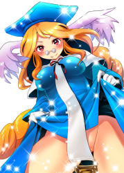 Rule 34 | 1girl, animal ears, blush, braid, breasts, breath of fire, breath of fire iii, chi muo, closed mouth, commentary request, dress, glasses, gloves, hat, long hair, looking at viewer, momo (breath of fire), orange hair, pussy, pussy peek, rabbit ears, red eyes, robe, simple background, smile, solo, white background
