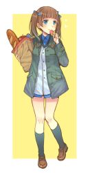 Rule 34 | 1girl, apple, bag, black socks, blue bow, blue eyes, blue shirt, blunt bangs, blush, bow, brave witches, bread, brown footwear, brown hair, candy, closed mouth, coat, commentary, dress shirt, food, fruit, full body, georgette lemare, grey coat, grocery bag, hair bow, heart, holding, holding bag, holding candy, holding food, holding lollipop, jacket, light blush, loafers, lollipop, looking to the side, medium hair, military, military uniform, no pants, open clothes, open coat, outside border, shirt, shoes, shopping bag, simple background, smile, socks, solo, standing, standing on one leg, totonii (totogoya), twintails, uniform, white jacket, wing collar, world witches series, yellow background