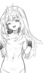 Rule 34 | 10s, 1girl, bracer, cagliostro (granblue fantasy), collarbone, eyebrows, female focus, flat chest, granblue fantasy, greyscale, groin, hairband, hand on own shoulder, koza game, long hair, looking at viewer, monochrome, navel, nipples, nude, ribs, simple background, solo, spikes, teeth, upper body, white background