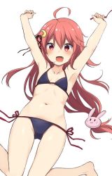 Rule 34 | 10s, 1girl, :d, \o/, ahoge, armpits, arms up, bikini, bikini day, black bikini, blush, rabbit hair ornament, collarbone, crescent, crescent hair ornament, fang, flat chest, hair between eyes, hair ornament, kantai collection, long hair, looking at viewer, low-tied long hair, nagami yuu, navel, open mouth, outstretched arms, red eyes, red hair, side-tie bikini bottom, simple background, smile, solo, swimsuit, uzuki (kancolle), white background