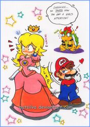 Rule 34 | 1girl, 2boys, absurdres, blue eyes, blush, bowser, breasts, constricted pupils, dress, english text, heart, height difference, highres, mario, mario (series), medium breasts, multiple boys, nintendo, overalls, princess, princess peach, smile, smug, spanking, spoken heart, super mario bros. 1, surprised, traditional media, watermark, wide-eyed