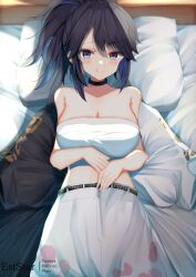 Rule 34 | 1girl, aties20, bed, belt, black belt, black choker, black jacket, blue hair, breasts, chest sarashi, choker, cleavage, commentary request, hands on own stomach, jacket, kson, large breasts, long hair, looking at viewer, lying, mole, mole under eye, multicolored clothes, multicolored hair, multicolored jacket, on back, open clothes, open jacket, pants, pillow, ponytail, purple hair, sarashi, smile, souchou, streaked hair, tongue, tongue out, two-tone jacket, virtual youtuber, vshojo, white jacket, white pants