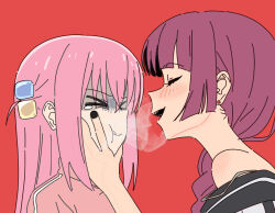 Rule 34 | &gt; &lt;, 2girls, black nails, blowing smoke, blunt bangs, blush, bocchi the rock!, braid, cheek squash, closed eyes, doublep0ints, earrings, face-to-face, facing another, furrowed brow, gloom (expression), gotoh hitori, hair bobbles, hair ornament, hair over shoulder, hand on another&#039;s face, highres, hiroi kikuri, jacket, jewelry, leaning forward, long hair, multiple girls, off shoulder, one side up, open mouth, parted lips, pink hair, pink jacket, portrait, purple hair, red background, shaded face, sharp teeth, sidelocks, simple background, single bare shoulder, smile, spaghetti strap, strap slip, stud earrings, tearing up, teeth, track jacket