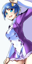 Rule 34 | 1girl, :d, blue eyes, blue hair, breasts, chikugen shiina, hair ornament, hairclip, looking at viewer, lowres, open mouth, scheris adjani, scryed, short hair, simple background, skirt, smile, solo, uniform