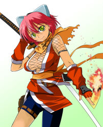 Rule 34 | 1girl, armor, asymmetrical clothes, belt, breasts, burning, cleavage, cowboy shot, elbow gloves, fingerless gloves, fire, fishnets, gloves, goggles, goggles on head, gouma reifuden izuna, gradient background, green background, green eyes, hair between eyes, head tilt, holding, izuna (gouma reifuden izuna), japanese clothes, katana, large breasts, looking at viewer, miniskirt, ninja, no bra, ofuda, over shoulder, pants, pants under skirt, pencil skirt, pink hair, pouch, red gloves, sash, scarf, sfix, short hair, side slit, skirt, smile, solo, standing, sword, sword over shoulder, takase hironori, talisman, thigh pouch, thigh strap, torn clothes, weapon, weapon over shoulder