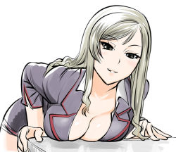 Rule 34 | 1girl, arm support, asuhara misa, bent over, blonde hair, blush, breast press, breasts, brown eyes, cleavage, downblouse, formal, grey eyes, grin, jacket, large breasts, leaning forward, long hair, long sleeves, looking at viewer, mature female, miniskirt, motto nee chanto shiyou yo!, office lady, pencil skirt, seductive smile, side slit, sidelocks, silver hair, simple background, sketch, skirt, skirt suit, smile, suit, swept bangs, table, ueyama michirou, wavy hair, white background, wing collar