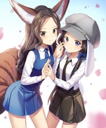 Rule 34 | 2girls, animal ear fluff, animal ears, bad id, bad pixiv id, black hair, black neckwear, black skirt, blade &amp; soul, blue dress, blue eyes, blue neckwear, brown eyes, brown hair, cherry blossoms, commission, dress, face-to-face, forehead, fox ears, fox tail, hat, highres, holding hands, long hair, looking at viewer, low twintails, lyn (blade &amp; soul), multiple girls, multiple tails, necktie, nyangvh, petals, pinafore dress, rabbit ears, rabbit tail, ribbon, shirt, skirt, sleeveless dress, smile, tail, twintails, white shirt