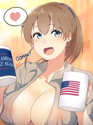 Rule 34 | 1girl, american flag, areola slip, blue eyes, blush, breasts, brown hair, cleavage, coffee, coffee mug, cup, dongsa wonhyong, hair between eyes, heart, high ponytail, holding, holding cup, intrepid (kancolle), kantai collection, large breasts, looking away, looking up, make america great again, mug, no bra, open clothes, open mouth, open shirt, ponytail, shirt, short hair, short sleeves, solo, spoken heart, united states