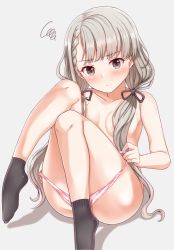 Rule 34 | 1girl, bad id, bad pixiv id, black footwear, blunt bangs, braid, braided bangs, breasts, brown eyes, comm, commentary request, convenient leg, grey background, grey hair, hair over breasts, hisakawa nagi, idolmaster, idolmaster cinderella girls, idolmaster cinderella girls starlight stage, knees to chest, knees up, legs, long hair, low twintails, naruse nagi, panties, panty pull, pink panties, pulling own clothes, simple background, sitting, small breasts, socks, solo, thighs, topless, twintails, underwear, undressing