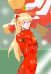 Rule 34 | 1girl, artist request, blue eyes, bodysuit, breasts, brown hair, eva 02, hand on own hip, highres, lips, long hair, mecha, medium breasts, neon genesis evangelion, red bodysuit, robot, shiny clothes, simple background, smile, souryuu asuka langley, standing, thighs, twintails, two side up