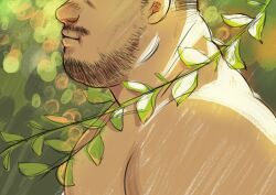 Rule 34 | 1boy, bara, beard stubble, close-up, daisukebear, facial hair, fat, fat man, from side, head out of frame, highres, male focus, mature male, muscular, muscular male, mustache stubble, nude, original, pectorals, plant, short hair, sideburns, sideburns stubble, solo, stubble, sunlight