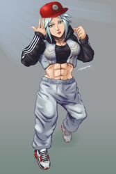 Rule 34 | 1girl, abs, absurdres, alternate costume, blue hair, dagr (fire emblem), fire emblem, fire emblem heroes, grey eyes, highres, midriff, mole, mole under eye, muscular, muscular female, navel, nike (company), nintendo, shoes, sneakers, sweat pants, tagme, tongue, zugzugmine