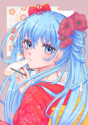 Rule 34 | 1girl, absurdres, bag, blue eyes, blue hair, bow, chopsticks, eating, floral print, flower, food, from side, hair between eyes, hair bow, hair flower, hair ornament, hatsune miku, highres, holding, holding chopsticks, japanese clothes, kimono, lilly1213s, long hair, looking at viewer, mochi, print kimono, red bow, red flower, red kimono, solo, twintails, upper body, very long hair, vocaloid