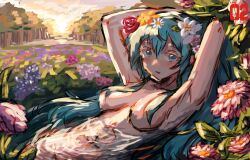 Rule 34 | 1girl, absurdres, aqua eyes, aqua hair, arms behind back, arms up, blush, breasts, camellia, colored eyelashes, convenient censoring, daisy, evillious nendaiki, field, flower, flower field, flower wreath, hair censor, hair down, hair flower, hair ornament, hatsune miku, head wreath, highres, long hair, looking at viewer, mikulia calgaround, nude, partially submerged, pink flower, plateau no hana (vocaloid), punkish, red flower, red rose, rose, sideways glance, sketch, solo, sunset, tree, underboob, very long hair, vocaloid, wet, wet hair