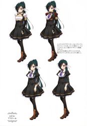 Rule 34 | 1girl, absurdres, armor, black hair, black pantyhose, blush, breastplate, character sheet, concept art, detached sleeves, dress, frills, highres, ignis no meiyaku kishi, jewelry, long hair, long sleeves, looking at viewer, multiple views, necktie, non-web source, open mouth, pantyhose, pleated skirt, ponytail, purple eyes, simple background, skirt, standing, variations, white background, yasaka minato