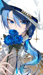 Rule 34 | 1girl, absurdres, blue eyes, blue flower, blue hair, blue rose, coat, earrings, fedora, flower, hair between eyes, hair over shoulder, hat, hat chain, highres, holding, holding flower, hololive, hoshimachi suisei, hoshimachi suisei (8th costume), jewelry, long hair, long sleeves, looking at viewer, official alternate costume, rose, solo, star (symbol), virgo76612871, virtual youtuber, white hat