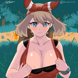 Rule 34 | 1girl, absurdres, blush, breasts, cleavage, creatures (company), game freak, hairband, highres, large breasts, looking at viewer, may (pokemon), nintendo, pokemon, pokemon oras, solo, sweat, tank top, upper body