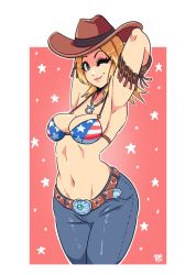 Rule 34 | 1girl, 2018, american flag bikini, american flag bikini top, armpits, arms behind back, belt, bikini, bikini top only, blonde hair, blue eyes, breasts, cleavage, cowboy hat, cowboy shot, dated, dead or alive, denim, female focus, flag print, fourth of july, hat, highres, jeans, jewelry, large breasts, long hair, looking at viewer, navel, necklace, one eye closed, outline, pants, ravenousruss, smile, solo, star (symbol), swimsuit, tina armstrong, white outline, wink