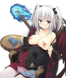 Rule 34 | 1girl, blush, breasts, breasts out, brown eyes, dress, female focus, fire, highres, hokkana, lactation, large breasts, lilith-soft, long hair, looking at viewer, milk, misa (taimanin asagi battle arena), nipples, no bra, pregnant, silver hair, simple background, sitting, solo, taimanin (series), taimanin asagi kessen arena, twintails, white background, wings