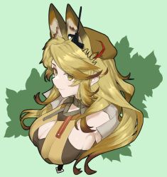 Rule 34 | 1girl, animal ears, arknights, beret, breasts, brown eyes, brown hair, cleavage, cleavage cutout, clothing cutout, cropped torso, earpiece, green background, hat, large breasts, long hair, quercus (arknights), smile, tsukira (amayadori)