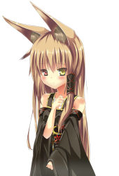 Rule 34 | 1girl, absurdres, animal ears, bad id, bad pixiv id, blonde hair, blush, crescent, detached sleeves, fox ears, hair tubes, heterochromia, highres, inabi, japanese clothes, long hair, looking at viewer, original, red eyes, solo, upper body, white background, wide sleeves, yellow eyes