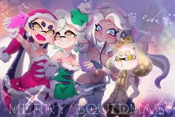 Rule 34 | + +, 4girls, adapted costume, alternate costume, aqua eyes, arm grab, black gloves, black legwear, blunt bangs, blurry, blurry background, breasts, brown eyes, building, callie (splatoon), cellphone, cephalopod eyes, chichi band, cleavage, collar, commentary, cousins, crop top, crown, dark-skinned female, dark skin, depth of field, detached collar, dress, dutch angle, fangs, fingerless gloves, fur-trimmed dress, fur trim, gloves, gradient hair, green dress, green hair, green headwear, green santa costume, grey hair, grey legwear, groin, hand on own hip, hat, headphones, holding, holding phone, inkling, locked arms, long hair, looking at another, makeup, marie (splatoon), marina (splatoon), mascara, mask, medium breasts, medium hair, merry christmas, mole, mole under eye, mole under mouth, multicolored hair, multiple girls, navel, night, night sky, nintendo, octoling, open mouth, outdoors, pantyhose, pearl (splatoon), phone, pink pupils, puckered lips, pun, purple hair, red dress, red headwear, santa costume, santa hat, see-through, selfie, sharp teeth, short dress, short hair, side-by-side, sky, sleeveless, sleeveless jacket, smartphone, smile, sparkle, standing, suction cups, teeth, tentacle hair, tilted headwear, very long hair, white collar, white gloves, white legwear, yellow dress, yellow eyes, yellow headwear, zipper pull tab