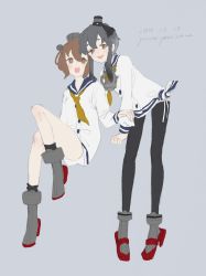 Rule 34 | 10s, 2015, 2girls, alternate legwear, anchor choker, artist name, bare legs, black hair, boots, brown eyes, brown hair, commentary request, dated, dress, grey background, grey footwear, grey hair, hand on another&#039;s arm, hat, headgear, high heels, highres, kantai collection, leg up, long sleeves, looking at viewer, mini hat, mixed media, multicolored hair, multiple girls, neckerchief, open mouth, panties, sailor collar, sailor dress, short hair, side-tie panties, sidelocks, sitting, sketch, smile, standing, teeth, thighhighs, tied dress, tokitsukaze (kancolle), traditional media, underwear, white panties, yoshikawa yuruco, yukikaze (kancolle)