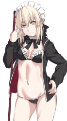 Rule 34 | 1girl, alternate costume, artoria pendragon (all), artoria pendragon (alter swimsuit rider) (fate), artoria pendragon (alter swimsuit rider) (second ascension) (fate), artoria pendragon (fate), bikini, bikini under clothes, black bikini, black ribbon, blonde hair, breasts, cleavage, enmaided, fate/grand order, fate (series), groin, hand on own hip, maid, maid headdress, medium breasts, navel, ribbon, saber alter, shiseki hirame, short hair, solo, swimsuit, swimsuit under clothes, white background, yellow eyes