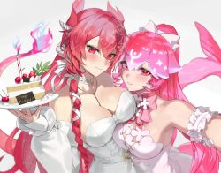 Rule 34 | 2girls, bao (vtuber), bao (vtuber) (3rd costume), birthday, birthday cake, blush, braid, breasts, cake, candle, cleavage, creator connection, dragon girl, dragon horns, dragon tail, dress, food, head wings, horns, indie virtual youtuber, large breasts, long hair, maenoo, multiple girls, pink hair, ponytail, red eyes, selfie, simple background, smile, tail, vienna (vtuber), vienna (vtuber) (2nd costume), virtual youtuber, wings