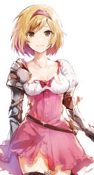 Rule 34 | 10s, 1girl, arisaka ako, arm guards, bad id, bad pixiv id, belt, black thighhighs, blonde hair, bow, breasts, brown eyes, buttons, cleavage, closed mouth, collarbone, cowboy shot, djeeta (granblue fantasy), dress, fighter (granblue fantasy), granblue fantasy, heart, looking at viewer, medium breasts, pink dress, puffy short sleeves, puffy sleeves, red bow, scratches, sheath, sheathed, short hair, short sleeves, shoulder pads, simple background, smile, solo, sword, thighhighs, thighs, torn clothes, torn dress, walking, weapon, white background