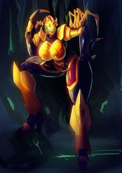 Rule 34 | 1girl, absurdres, bad id, bad twitter id, beast wars, beast wars: transformers, blackarachnia, breasts, commentary, commission, cosmikaizer, english commentary, glowing, glowing eyes, green eyes, hand on own hip, highres, large breasts, looking at viewer, open hand, predacon, solo, transformers