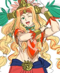 Rule 34 | 1girl, :d, aztec, blonde hair, bracer, breasts, capelet, choker, cowboy shot, fate/grand order, fate (series), fist pump, gem, green eyes, headband, headdress, jewelry, long hair, looking at viewer, medium breasts, one eye closed, open mouth, quetzalcoatl (fate), smile, solo, tetsu (kimuchi), underboob, very long hair, white background