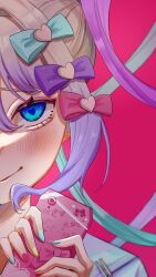 Rule 34 | 1girl, babaoxianyuzhou, blue eyes, blue hair, blue nails, blush, bow, cellphone, chouzetsusaikawa tenshi-chan, closed mouth, gradient hair, hair bow, heart, heart-shaped pupils, highres, holding, holding phone, looking at viewer, multicolored hair, multicolored nails, needy girl overdose, phone, pink background, pink hair, pink nails, portrait, purple hair, smartphone, smile, solo, symbol-shaped pupils, yellow nails