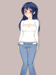 Rule 34 | 1girl, against wall, arms at sides, blue eyes, blue hair, blue heroine (boyfriend (kari)), blush, boyfriend (kari), breasts, brown background, character request, cleavage, cleavage cutout, clothing cutout, corgi sleeping, denim, embarrassed, jeans, knees together feet apart, large breasts, long hair, long sleeves, looking at viewer, lowleg, lowleg pants, matching hair/eyes, meme attire, midriff peek, nose blush, open-chest sweater, panties, pants, ribbed sweater, ringed eyes, side-tie panties, simple background, solo, standing, sweater, tearing up, tears, thigh gap, trembling, underwear, wavy mouth