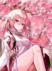 Rule 34 | 1girl, absurdres, animal ears, bare legs, bare shoulders, blush, breasts, cherry blossoms, fox ears, fox girl, genshin impact, hair between eyes, hair ornament, highres, indol, japanese clothes, large breasts, legs, long sleeves, looking at viewer, miko, smile, solo, yae miko