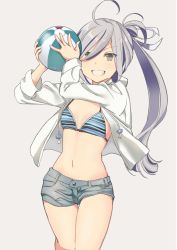 Rule 34 | 10s, 1girl, asashimo (kancolle), ball, beachball, bikini, bikini top only, grey eyes, grey hair, grin, hair over one eye, highres, holding, jacket, kantai collection, long hair, long sleeves, looking at viewer, navel, open clothes, open jacket, short shorts, shorts, simple background, smile, solo, standing, striped bikini, striped clothes, swimsuit, teeth, ume (plumblossom)