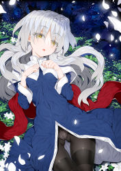 Rule 34 | 1girl, black pantyhose, blue dress, breasts, caren hortensia, char, commentary request, dress, dutch angle, eyes visible through hair, fate/hollow ataraxia, fate (series), flower, gluteal fold, hair over eyes, highres, long hair, long sleeves, looking at viewer, lying, medium breasts, on back, panties, panties under pantyhose, pantyhose, parted lips, petals, silver hair, solo, thighband pantyhose, underwear, very long hair, white flower, wide sleeves, yellow eyes