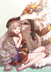 Rule 34 | 1girl, animal, armor, armored animal, barefoot, black headwear, black thighhighs, blunt bangs, braid, brown eyes, claws, commentary request, dress, eyeliner, feet, granblue fantasy, hair ornament, hakutaku (granblue fantasy), hat, legs, light brown hair, long hair, makeup, one eye closed, open mouth, oversized animal, pholia, quad braids, shoes, unworn shoes, short eyebrows, side braids, sitting, sleeveless, sleeveless dress, soles, thighhighs, unworn thighhighs, toes, tomamatto, very long hair, white wolf, wolf