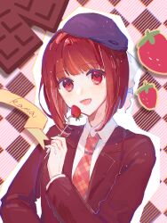Rule 34 | 1girl, arima kana, beret, bob cut, chocolate, food, fruit, hat, highres, inverted bob, looking at viewer, necktie, open mouth, oshi no ko, purple hat, red eyes, red hair, red vest, short hair, smile, solo, strawberry, upper body, vest, xingfulun16203