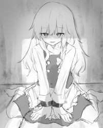 Rule 34 | 1girl, :d, bad id, bad twitter id, bags under eyes, bdsm, chain, commentary, cuffs, dungeon, greyscale, highres, kirisame marisa, long hair, looking at viewer, marisuku, monochrome, open mouth, pov, shackles, sketch, smile, solo, touhou