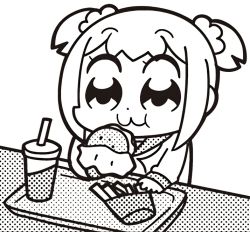 Rule 34 | :3, animated, animated gif, bkub, burger, chewing, cptnameless, cup, disposable cup, drinking straw, eating, food, french fries, greyscale, hair ornament, hair scrunchie, halftone, holding, holding food, long sleeves, looking down, looping animation, monochrome, poptepipic, popuko, sailor collar, school uniform, scrunchie, serafuku, shirt, simple background, sitting, solo, table, tray, twintails, white background, white shirt