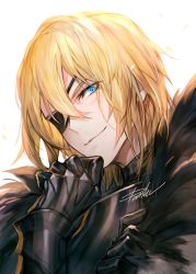 Rule 34 | 1boy, armor, black armor, blonde hair, blue eyes, blush, breastplate, closed mouth, danhu, dimitri alexandre blaiddyd, eyepatch, fire emblem, fire emblem: three houses, fur trim, gauntlets, hand up, looking at viewer, male focus, medium hair, nintendo, one eye covered, signature, simple background, smile, solo, upper body, white background