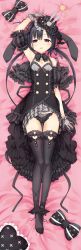 Rule 34 | 1girl, :d, absurdres, animal ears, arm up, bed sheet, black bow, black capelet, black hair, black panties, black ribbon, black shirt, black thighhighs, bow, bow panties, breasts, capelet, clothes lift, cura, dakimakura (medium), detached sleeves, feet, frilled pillow, frills, full body, gloves, gothic lolita, grey gloves, hair between eyes, hair ribbon, hat, hayase fukami, highres, incredibly absurdres, jewelry, lolita fashion, long hair, looking at viewer, low twintails, lying, maitetsu, mini hat, mini top hat, no shoes, on back, open mouth, panties, pillow, pleated skirt, pocket watch, puffy short sleeves, puffy sleeves, purple eyes, rabbit ears, ribbon, ring, shirt, short sleeves, skirt, skirt lift, sleeveless, sleeveless shirt, small breasts, smile, solo, striped bow, striped clothes, striped headwear, striped panties, striped ribbon, striped skirt, thighhighs, tilted headwear, top hat, twintails, underwear, vertical-striped clothes, vertical-striped headwear, vertical-striped panties, vertical-striped skirt, vertical-stripes, very long hair, watch