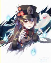 Rule 34 | 1girl, :d, black nails, blue fire, brown hair, cropped torso, dymao, fang, fire, genshin impact, ghost, half-closed eyes, hat, highres, hu tao (genshin impact), long sleeves, looking at viewer, nail polish, open mouth, red eyes, signature, smile, solo, symbol-shaped pupils, twintails